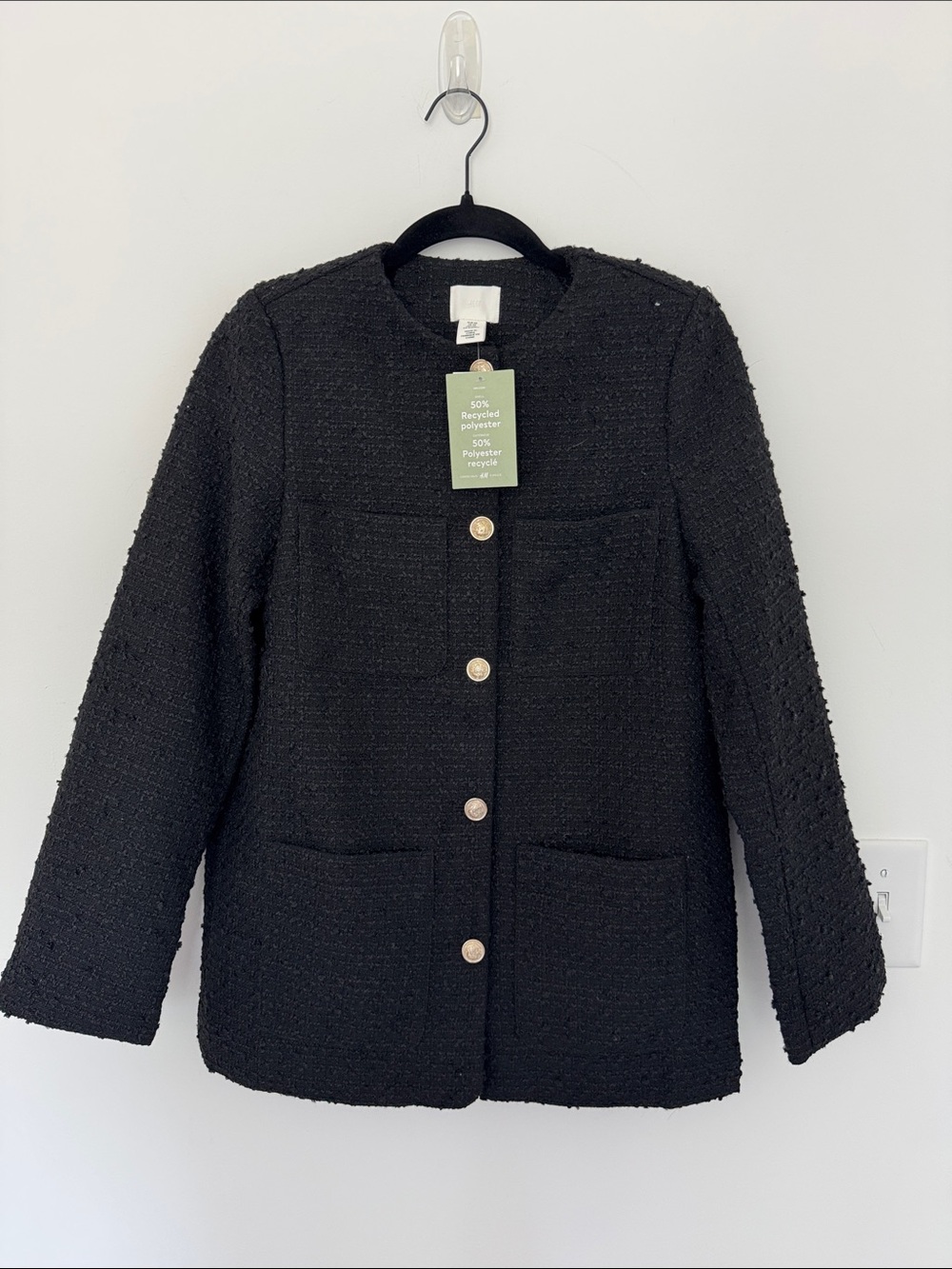 H&M NWT Black Bouclé Button-Front Tweed Style Jacket - Size XS